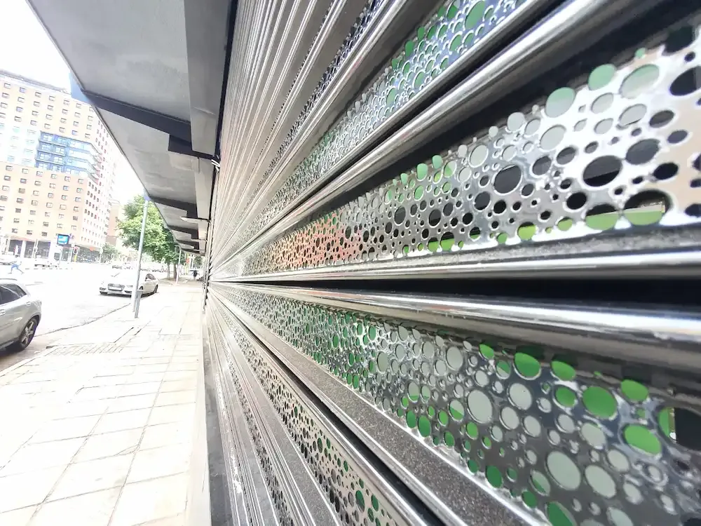 Roller shutter door fitted to a shopfront or industrial opening.