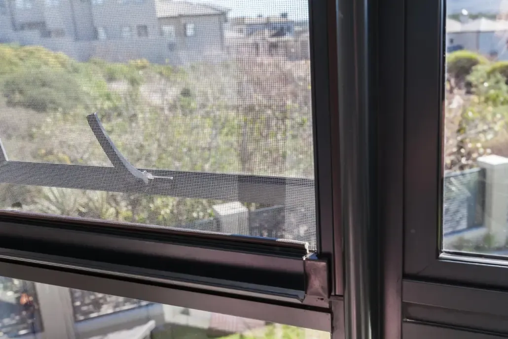 Mesh security screens fitted to a door or window.